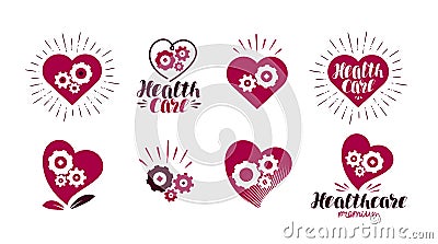 Health, healthcare logo. Heart, gears, vital energy icon or symbol. Label vector illustration Vector Illustration