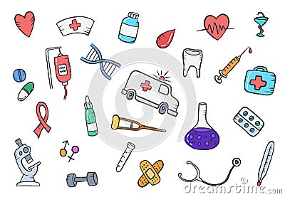 Health or healthcare medical doodle hand drawn set collections with flat outline style Vector Illustration