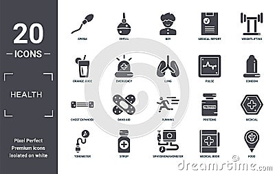 health icon set. include creative elements as sperm, weightlifting, pulse, running, syrup, chest expander filled icons can be used Vector Illustration