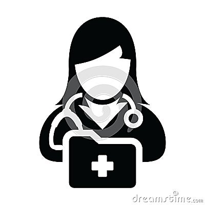 Health icon vector female doctor person profile avatar with stethoscope and medical report folder for medical consultation Vector Illustration
