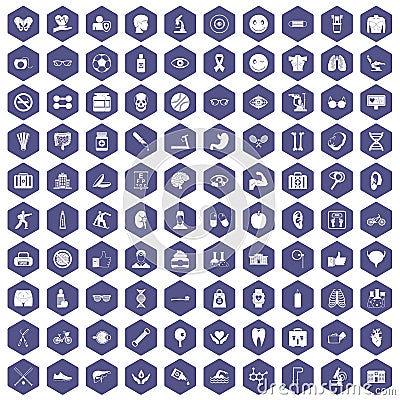 100 health icons hexagon purple Vector Illustration