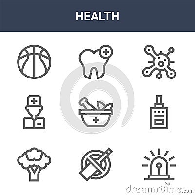 9 health icons pack. trendy health icons on white background. thin outline line icons such as siren, diabetes test, dental care . Vector Illustration