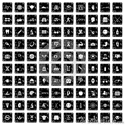 100 health icons set, grunge style Vector Illustration