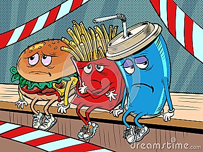 The health inspection closed the restaurant. sad fast food characters fries Cola Burger Vector Illustration