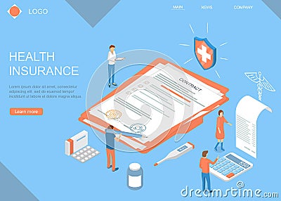 Health Insurance Concept Card Landing Web Page Template. Vector Vector Illustration