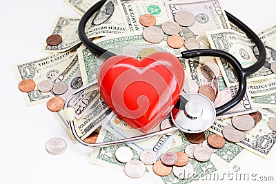 Health insurance concept with red heart, pills and medical instruments on money pile Stock Photo