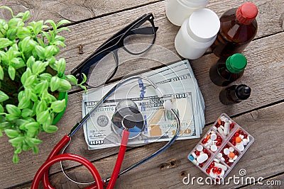 health insurance concept - stethoscope over the money Stock Photo