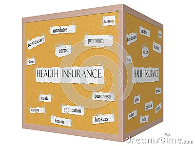 Health Insurance on a 3D Cube Corkboard Word Concept Stock Photo