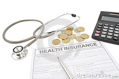 Health insurance form with coins and stethoscope Stock Photo