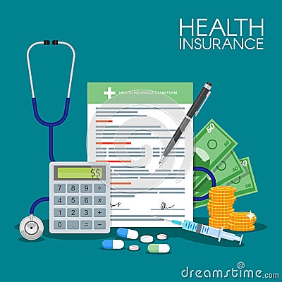 Health insurance form concept vector illustration. Filling medical documents. Stethoscope, drugs, money, calculator Vector Illustration