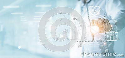 Health Insurance, Healthcare business graph and Medical examination, Doctor with stethoscope pointing at business data growth Stock Photo