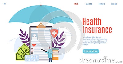 Health insurance. Healthcare, patient insurance, human life protection. Treatment benefits, emergency service website Vector Illustration