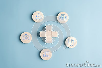 Health insurance and medical welfare concept. people hands holding plus symbol and healthcare medical icon, health and access Stock Photo