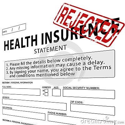 Health insurance with red rejected rubber stamp Stock Photo