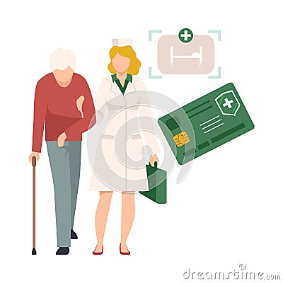 Health Insurance for Seniors Vector Illustration. Medical Insurance Purchase Concept. Nurse Assisting Old Man Vector Illustration