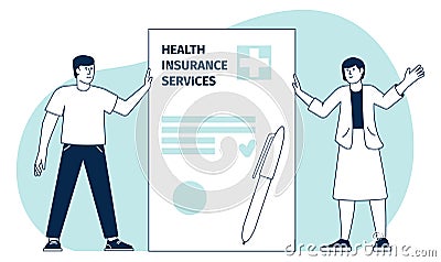 Health insurance services contract. Service manager with document Vector Illustration