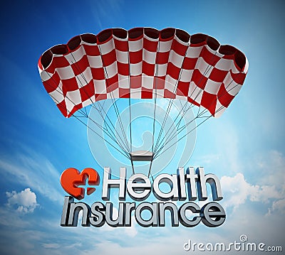 Health insurance text landing with a parachute. 3D illustration Cartoon Illustration