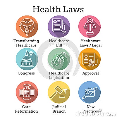 Health Laws and Legal icon set depicting various aspects of the legal system Vector Illustration