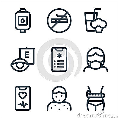 health line icons. linear set. quality vector line set such as waist, allergy, heart rate, medical mask, health, eye test, Vector Illustration