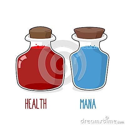 Health and mana. Magic bottle with blue and Red potion. Set of g Vector Illustration