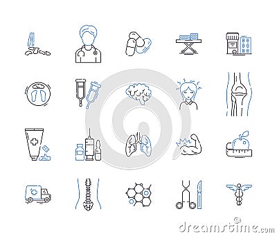 Health and medical services outline icons collection. Medical, Healthcare, Services, Treatment, Diagnosis, Prevention Vector Illustration