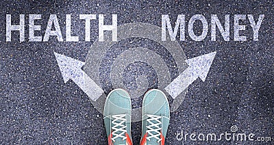 Health and money as different choices in life - pictured as words Health, money on a road to symbolize making decision and picking Cartoon Illustration