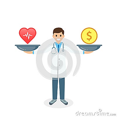 Health or money with doctor and scales vector illustration. Health vs money on scales, Vector concept Vector Illustration