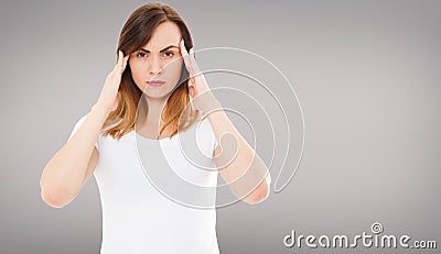 Health And Pain. Stressed Exhausted Young Woman Having Strong Tension Headache. Closeup Portrait Of Beautiful Sick Girl Suffering Stock Photo
