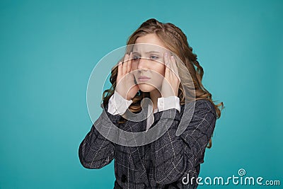 Health And Pain. Stressed Exhausted Young Woman Having Strong Tension Headache. Closeup Portrait Of Beautiful Sick Girl Stock Photo