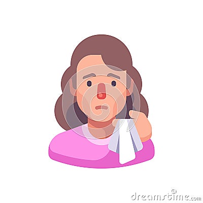 Running nose flat illustration. Woman with handkerchief Vector Illustration