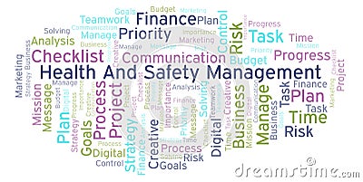 Health And Safety Management word cloud, made with text only. Stock Photo