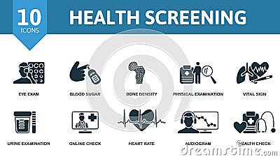Health screening set. Creative icons: eye exam, blood sugar, bone density, physical examination, vital sign, urine Vector Illustration