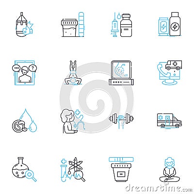 Health service linear icons set. Wellness, Healthcare, Prevention, Treatment, Rehabilitation, Diagnosis, Medicine line Vector Illustration