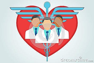 Health services flat vector illustration. Heart, and doctors with caduceus.Concept design. Vector Illustration