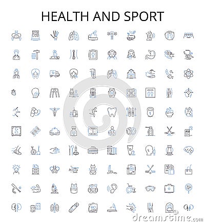 Health and sport outline icons collection. Fitness, Exercise, Wellness, Running, Strength, Yoga, Cycling vector Vector Illustration