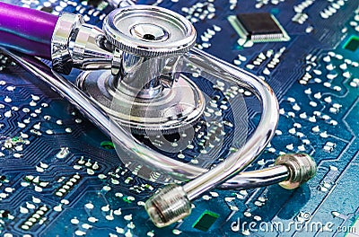 Health and Technology Stethoscope on Circuit Board Stock Photo