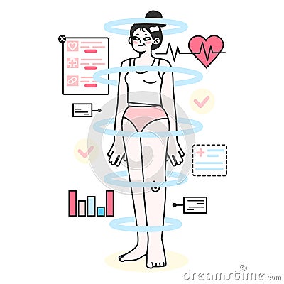 Health tracker. Character using smart electronic watch to monitor body Vector Illustration