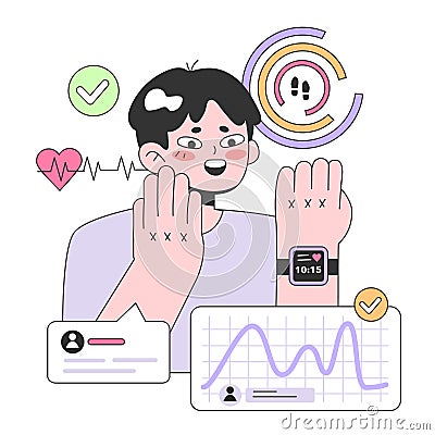 Health tracker smart watch. Character using electronic gadget to monitor Vector Illustration