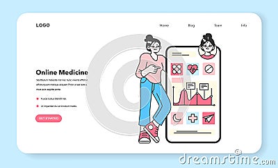 Health tracker web banner or landing page. Character using smart electronic Vector Illustration