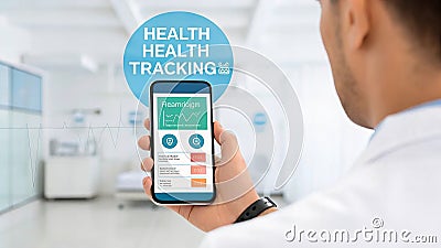 Health tracking app on smartphone, showcasing health metrics and data. user interacts with app in clinical setting, emphasizing Stock Photo
