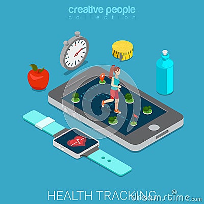 Health tracking technology phone run vector flat 3d isometric Vector Illustration