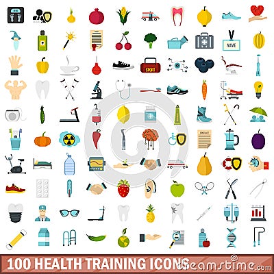 100 health training icons set, flat style Vector Illustration