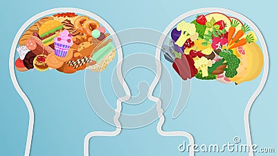 Health and unhealth Food eat in brain. Human head silhouette Diet choice healthy lifestyle concept. Stock Photo