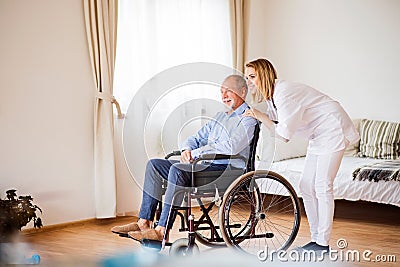 Nurse and senior man in wheelchair during home visit. Stock Photo