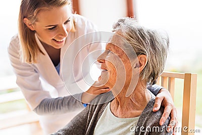 Health visitor and a senior woman during home visit. Stock Photo