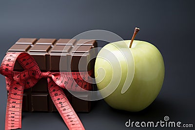 Health vs indulgence Apple, ribbon, chocolate on contrasting background Stock Photo