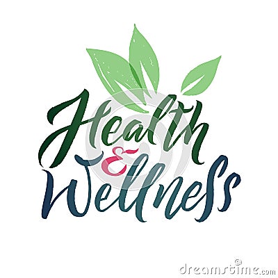 Health and Wellness Studio Vector Logo. Stroke Green Leaf Illustration. Brand Lettering Vector Illustration