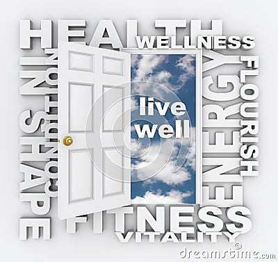 Health Words Door Fitness Wellness Shape Living Healthy Stock Photo