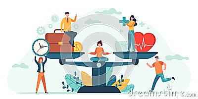 Health and work on scales. People balance job, money and sleep. Comparison business stress and healthy life. Tiny Vector Illustration