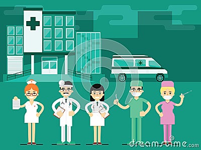 Health workers in the hospital background, vector Vector Illustration